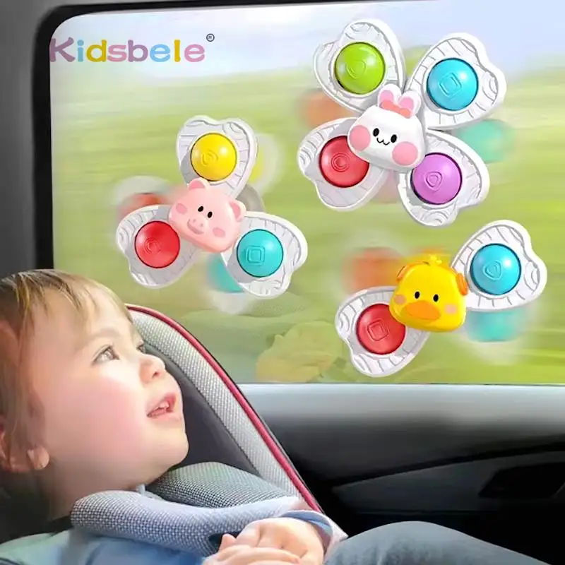 Conjunto de 3 Peças: Brinquedo Sensorial Giratório de Banho para Bebês e Crianças, com Ventosa, Desenho Animado de Animais, Mordedor e Alívio do Estresse