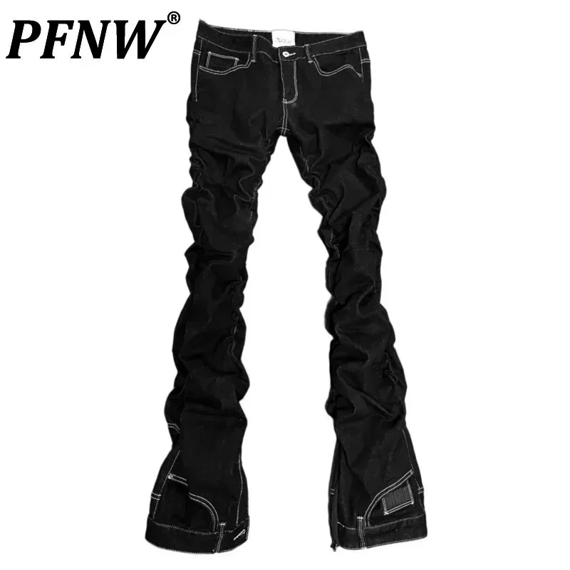 PFNW Spring Autumn Men's Tide Light Line Pleated Slim Denim Pants Fashion Straight Niche Design Vanguard Darkwear Jeans 12A7609