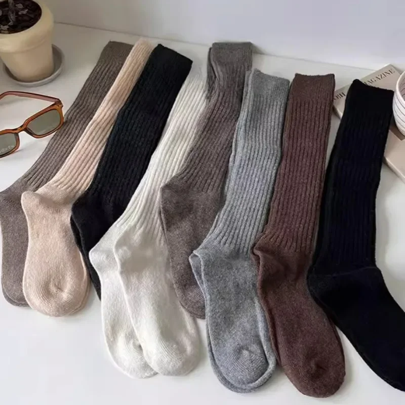 Women Long Socks Cashmere Female Boot Solid Wool Thigh Stocking Skinny Casual Cotton Over Knee-High Fluffy Female Long Knee Sock