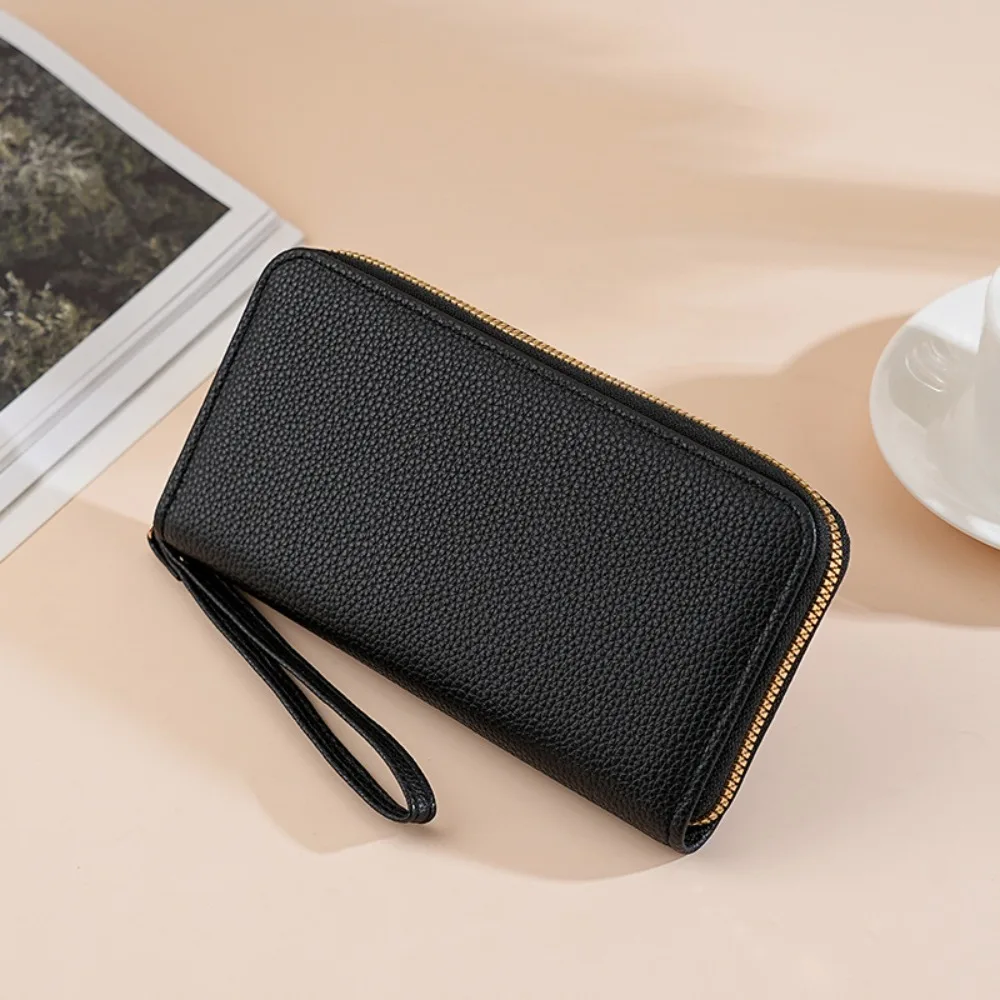 

Роскошный кожаный длинный кошелек с ремешком на запястье, однотонный, с множеством отделений для карт, большой вместимости, сумка для телефона, женская.
