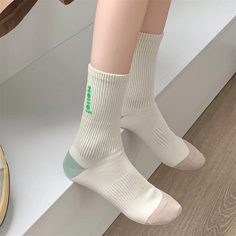 New Women\'s Socks Long Spring Summer Fashion Silicone Letter Crew Socks Girls Mixed-Color Soft Breathable Casual Striped Socks