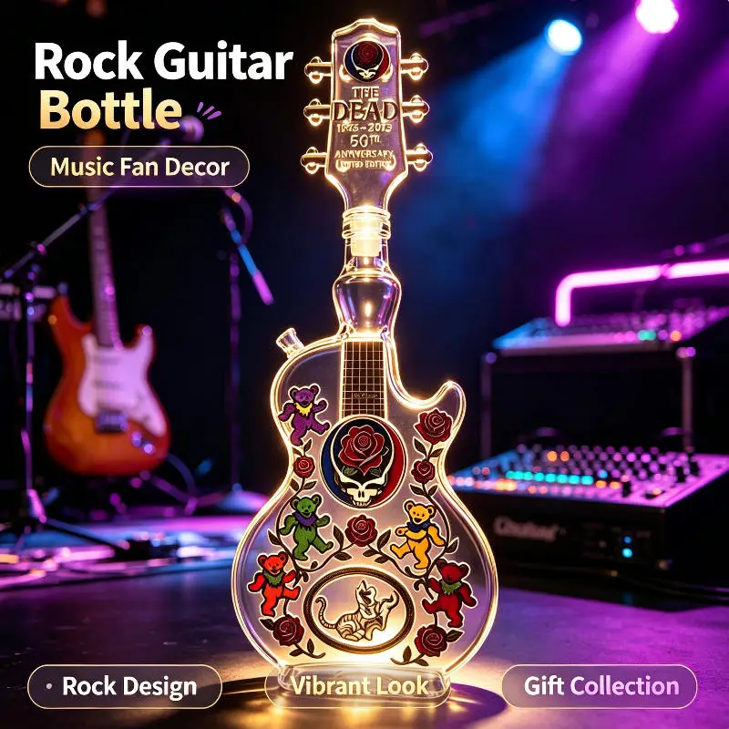 Guitar Shaped Whiskey Liquor Bottle Grateful Dead Dancing Bear Skull Rose Pattern Creative Glass Home Bar Decor Perfect Present
