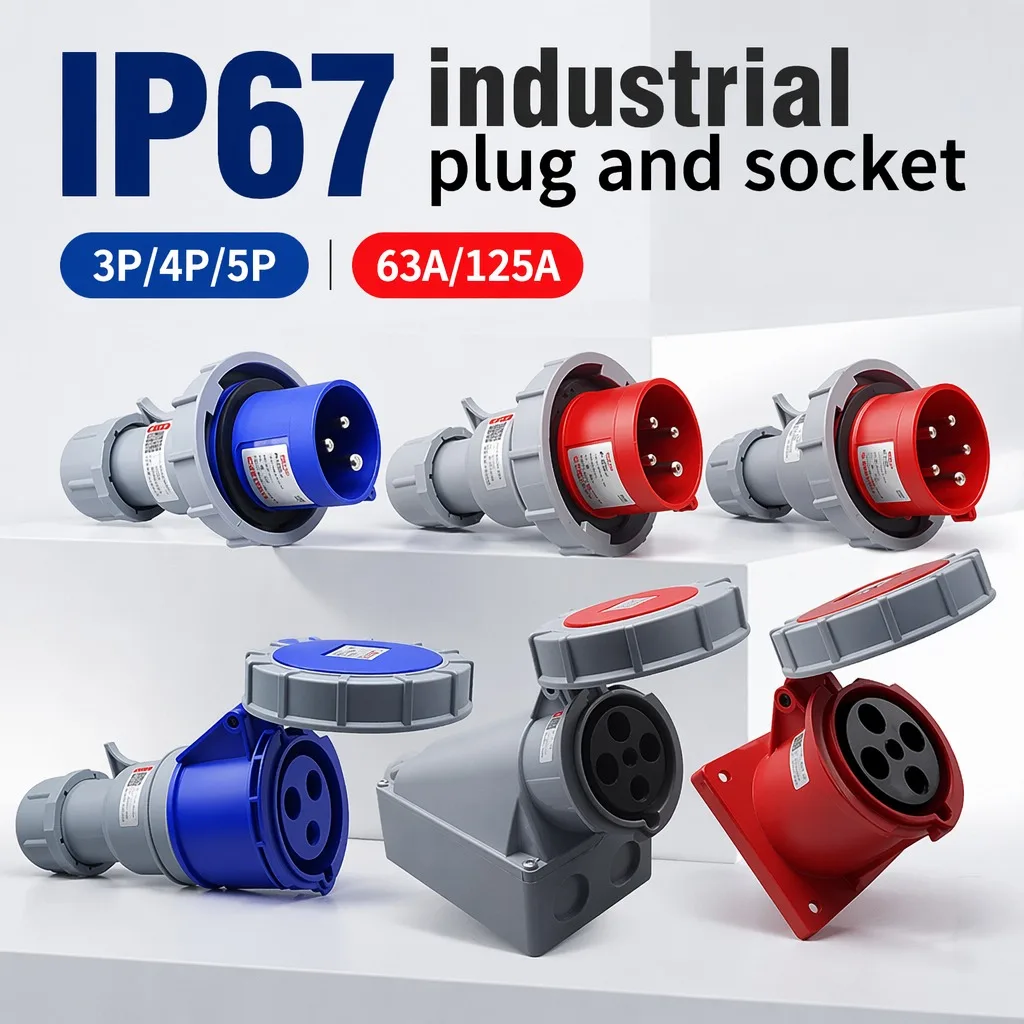IP67 63A 125A Waterproof Industrial Reverse Plug Connector 3P 4P 5P Wall Panel Mount Plug Socket 220V 380V Electrical Apparatus