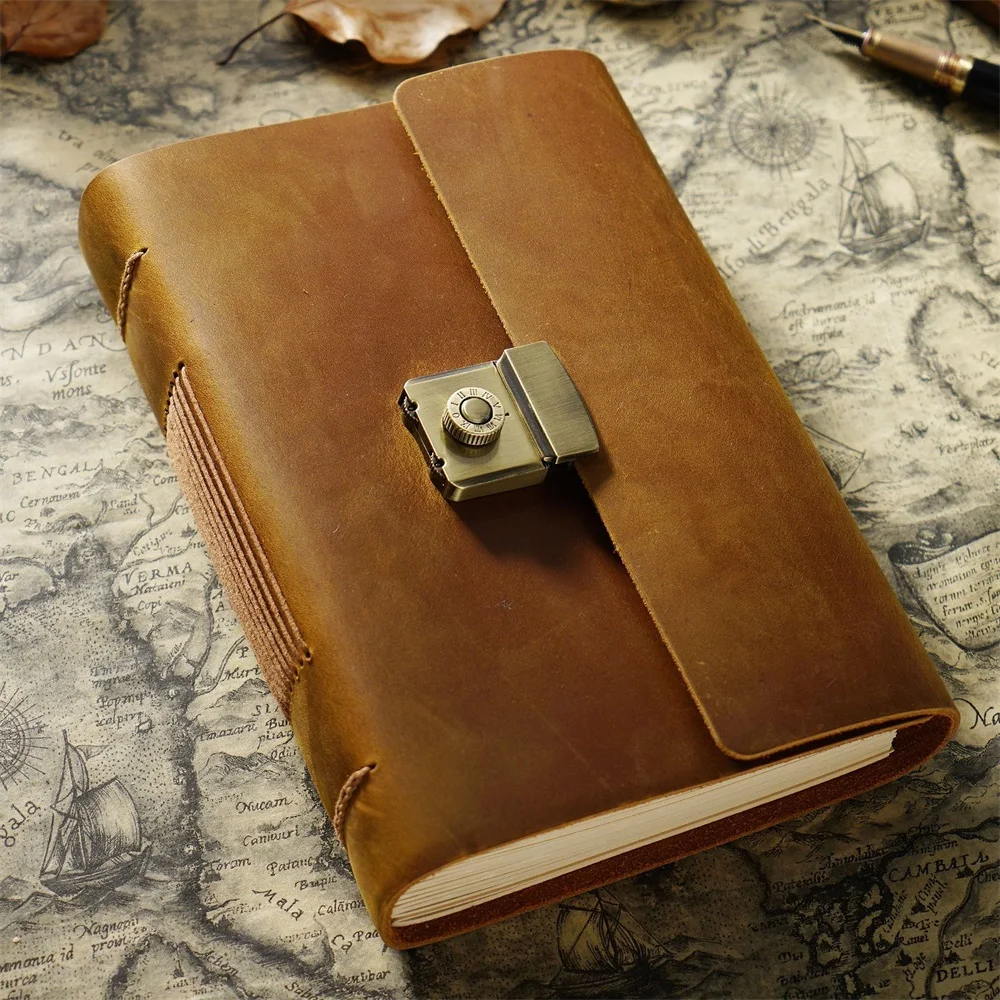 A5 Password Journal Cowhide Genuine Leather Cover Thick Note Book Metal Lock Planner Handmade Retro Notebooks