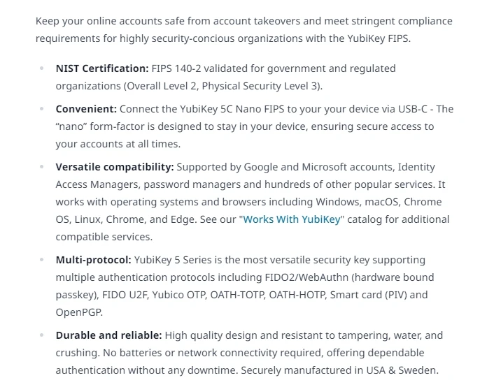لوحات تقييم أدوات تطوير USB من YubiKey 5C Nano FIPS