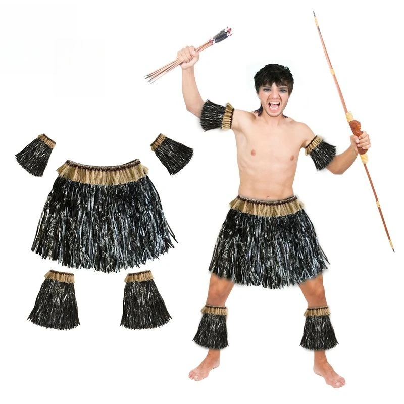 Stage Play Costume Set: Hawaiian Grass Skirt & Lei for African Dance, Theater Performance Props for Men Women Children