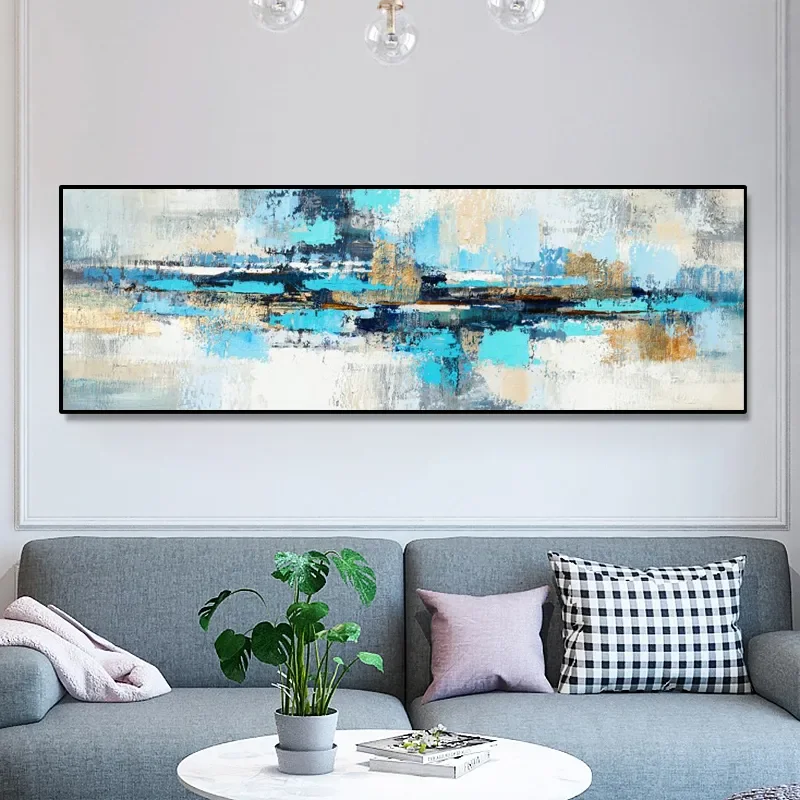 Large Frameless Canvas Wall Art,Modern Abstract Wall Art Blue Color Block HD Canvas Oil Paintings Posters & Prints Home Bedroom