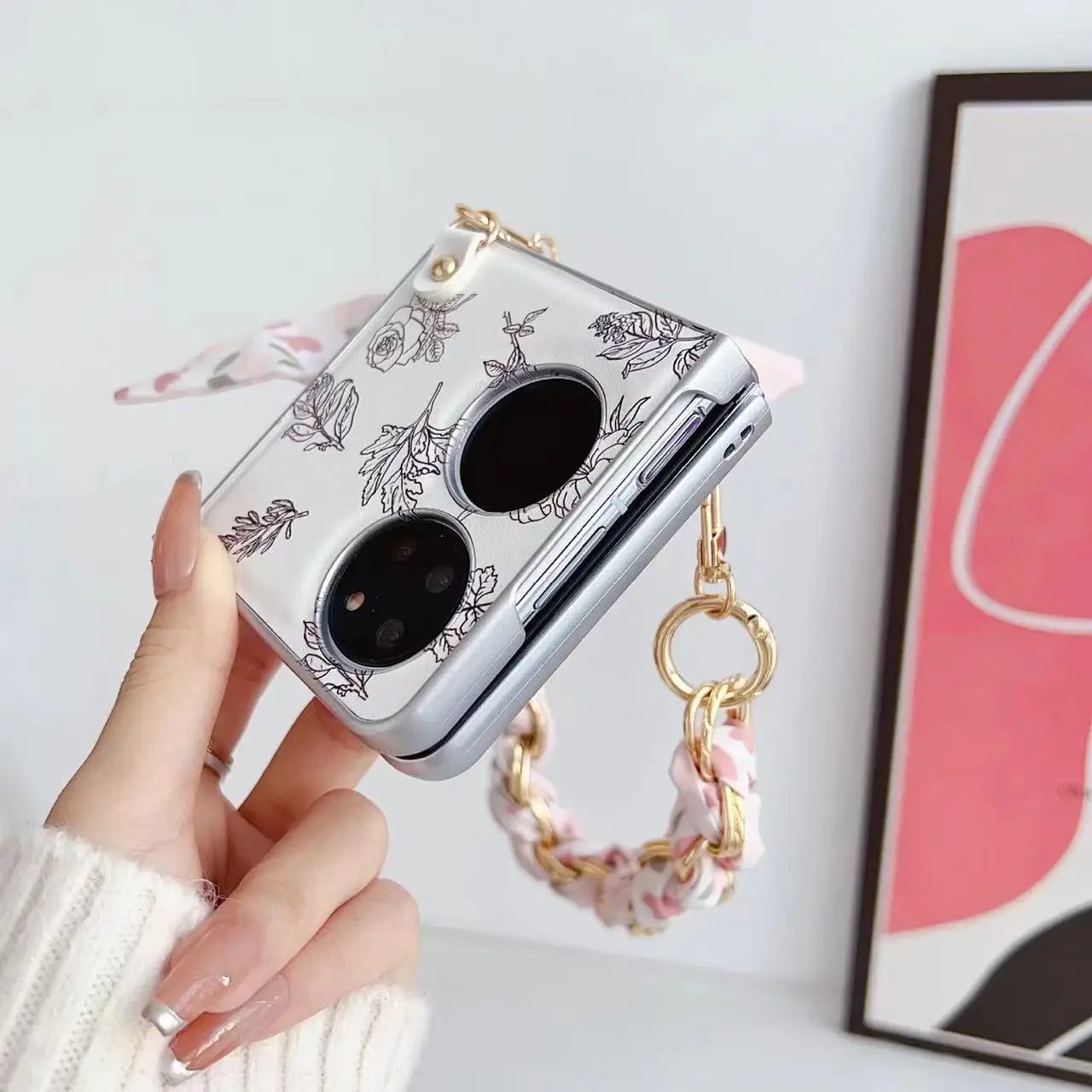 For Huawei P50 Pocket 2 Pockets Cover With Holder Flower Handheld Scarf Bracelet Wristband Chain Strap Case Soft Back All Cover image 3