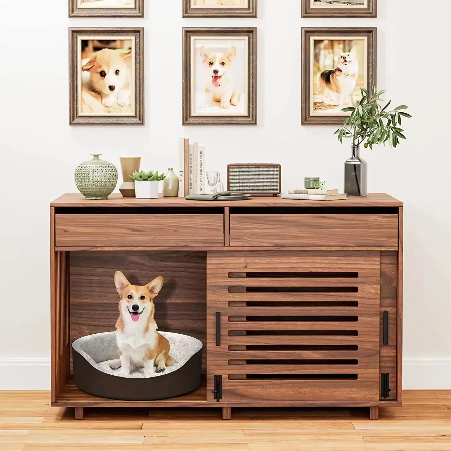 Indoor Wooden Small Pet Cage Dog Kennel Table Dog Crate Furniture Dog House With Storage Drawers