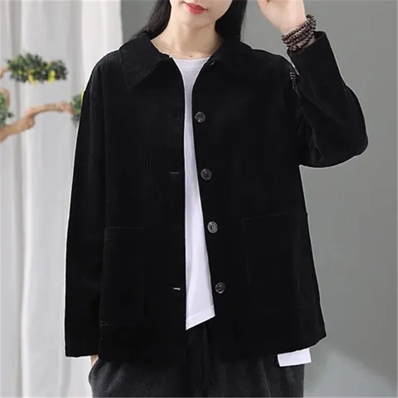 Cotton Corduroy Jacket Short Women\'s Tops Coat New 2022 Spring Autumn Loose Pocket Korean Version Casual Jacket Female Outerwear