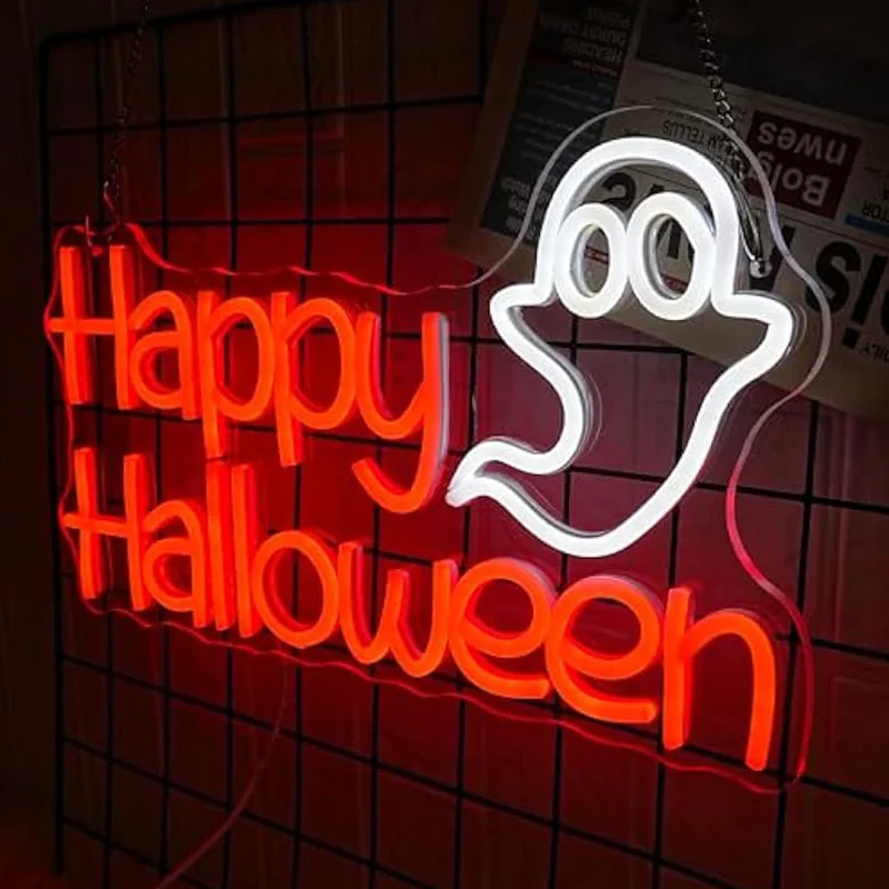 

Happy Halloween Neon Sign LED Ghost Neon Light Up Wall Decor for Bedroom Shop Hotel Party Bar Halloween Decoration