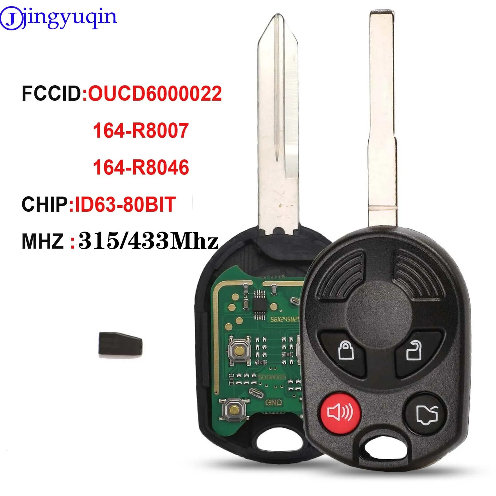 jingyuqin Car Key Case For Ford OUCD6000022 315/433MHz Escape Focus C-Max Transit Connect HU101 Blade 164-R8007 80BIT ID63