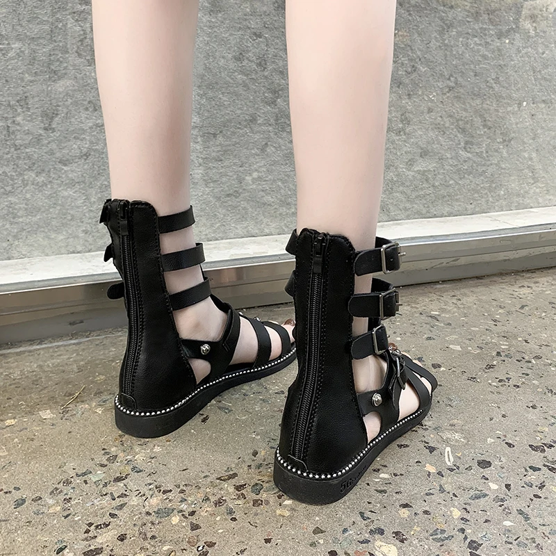 Women\'s Sandals Shoes 2023 Trend for Woman Gothic Flats Black Gladiator Casual Summers Elegant Sneakers Ankle Boots Hollow-out