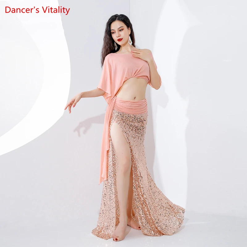 Belly Dance Practice Suit for Women Bellydancing Yarn Short Sleeves Top+Mermaid Sequin Skirt Oriental Dance Exercise Clothing