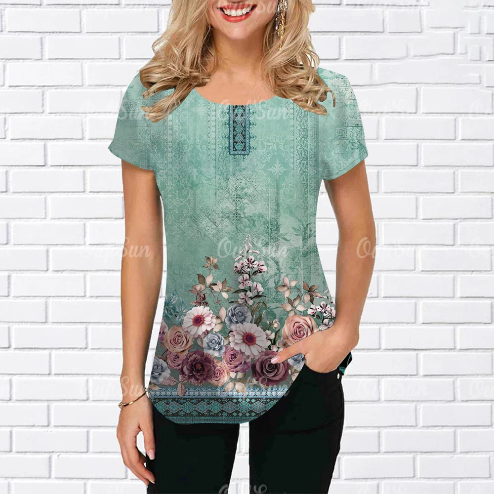 T-shirt à imprimé floral Y2K pour femmes, style Harajuku, vêtements pour dames, col rond, manches courtes, chemisier décontracté, été