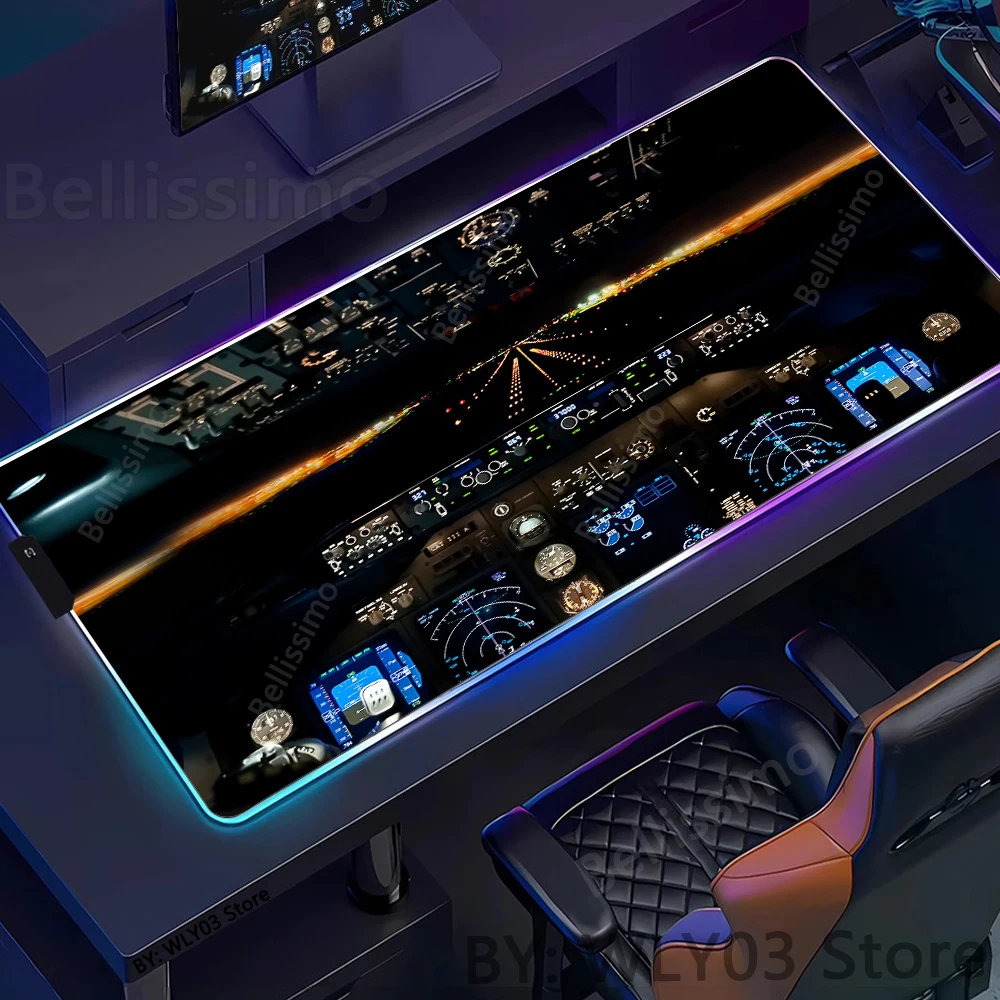 แผ่นรองเมาส์ลายมาตรวัดความเร็วเครื่องบิน RGB แผ่นรองเมาส์ลายแผงหน้าปัดเครื่องบิน แผ่นรองเมาส์สำหรับเล่นเกมบนพีซี แผ่นรองโต๊ะเล่นเกม แผ่นรองเล่นเกมลายห้องนักบิน แผ่นรองเล่นเกมแบบมีไฟ LED พรมสำหรับอีสปอร์ต