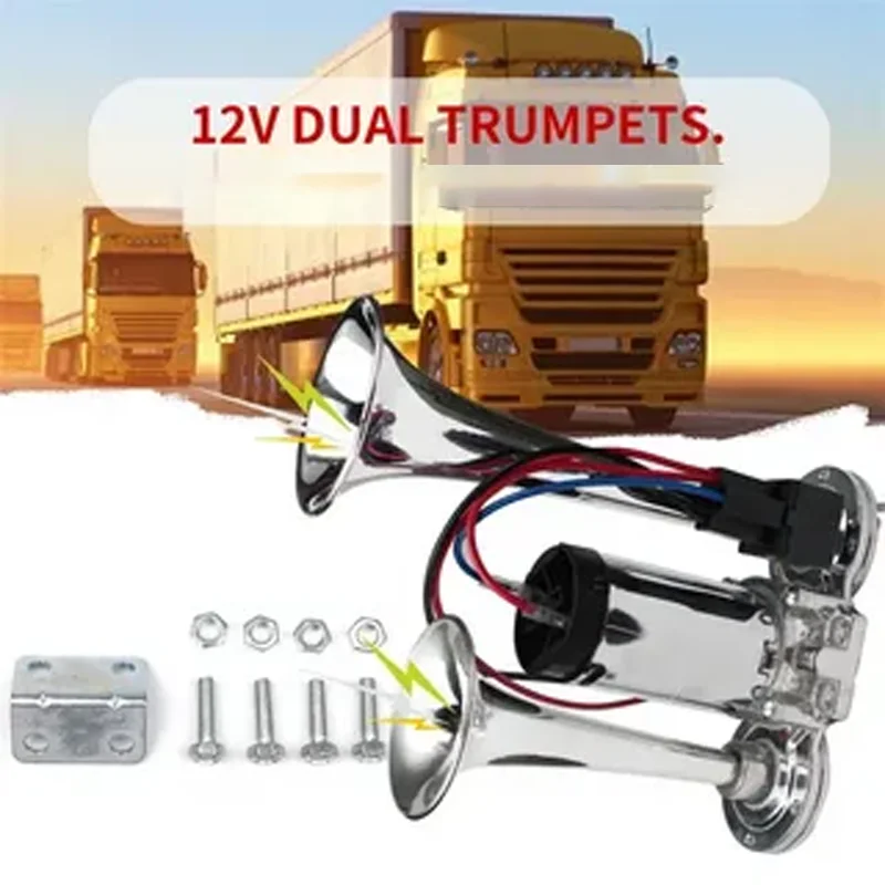 12V 600DB Super Loud double barrel electric air horn Kit, Truck horn speakers for cars, SUVs, trucks, boats