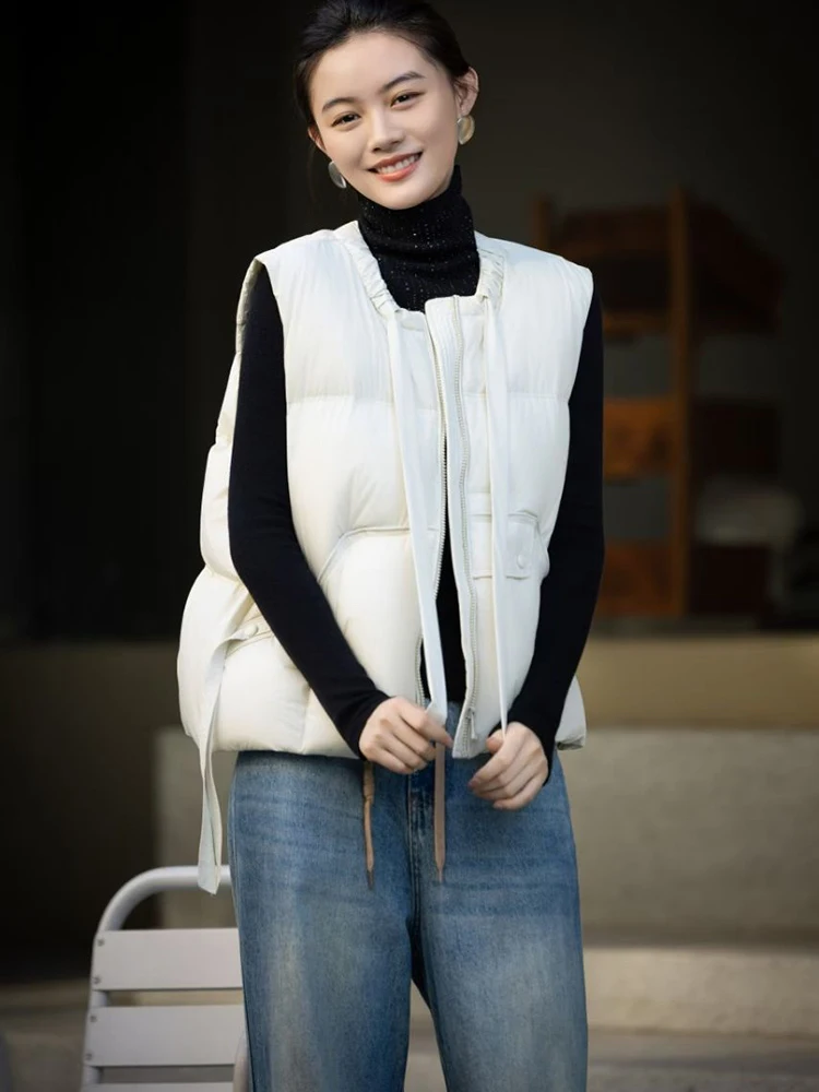 

Autumn Winter Solid O Neck Lace Up Down Vest Female Warm Thick Loose Waistcoat Women White Duck Down Zipper Puff Sleeveless Vest
