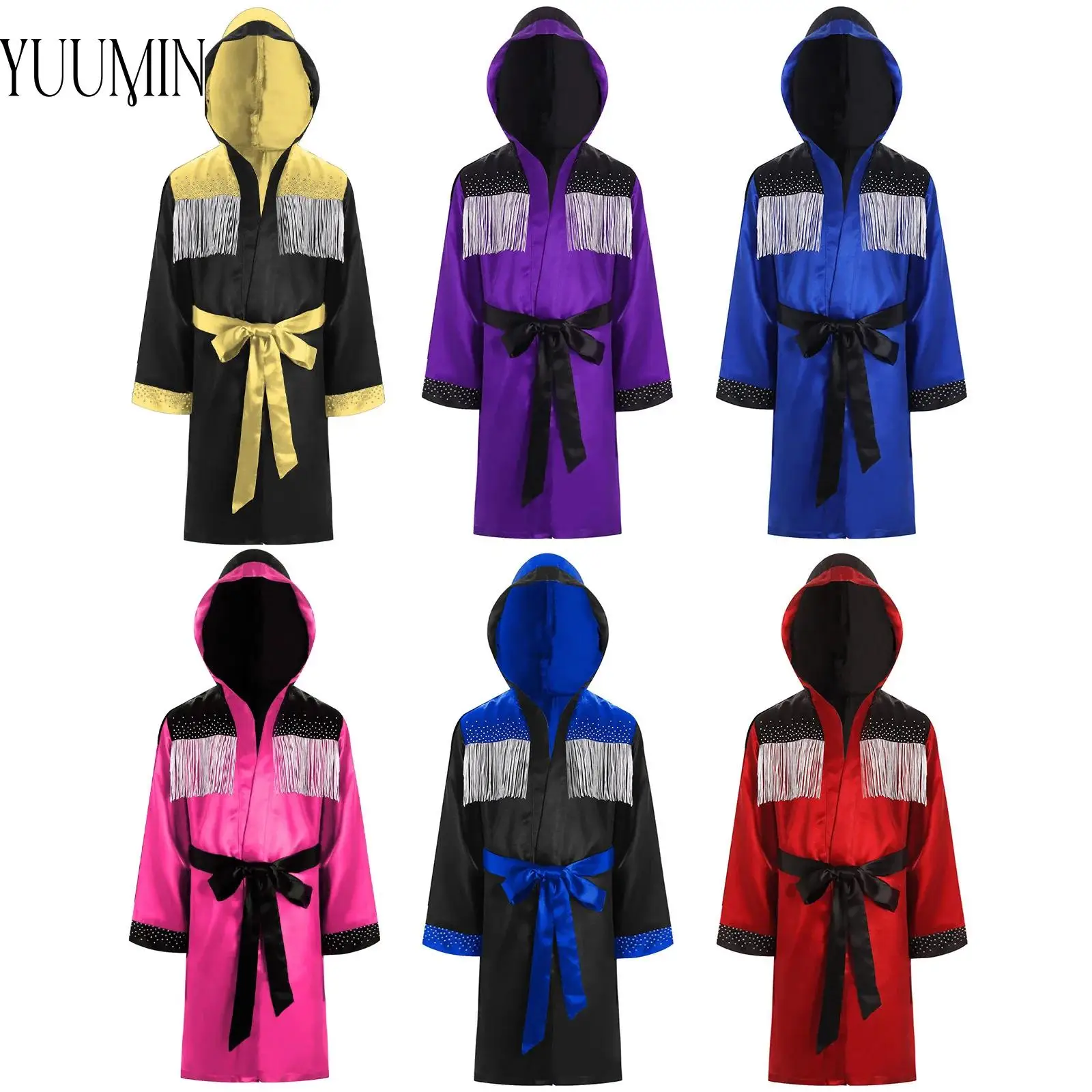 Unisex Kids Boys Girls Boxing Outfit Tassel Color Block Satin Hooded Robe+Belt for Competition Halloween Carnival Cosplay Sports