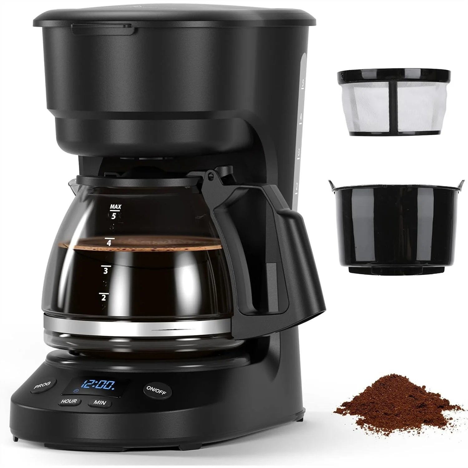 

5-Cup Programmable Drip Coffee Maker, Compact Coffee Machine with Digital Clock, 24-Hour Timer, Auto Shut-Off & Removable Filter