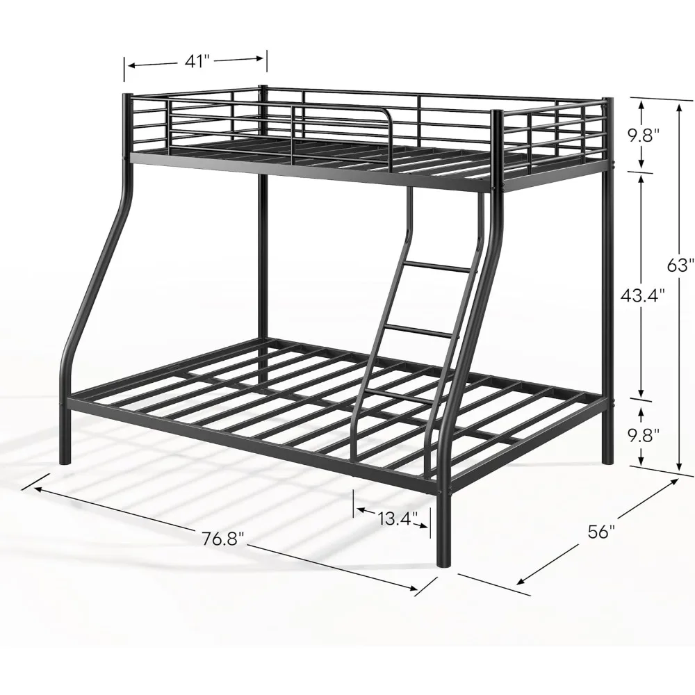 سرير معدني بطابقين مزدوج الحجم بالكامل مع سلم ودرابزين، إطار سرير معدني للمراهقين البالغين، أسرة بطابقين قوية شديدة التحمل،