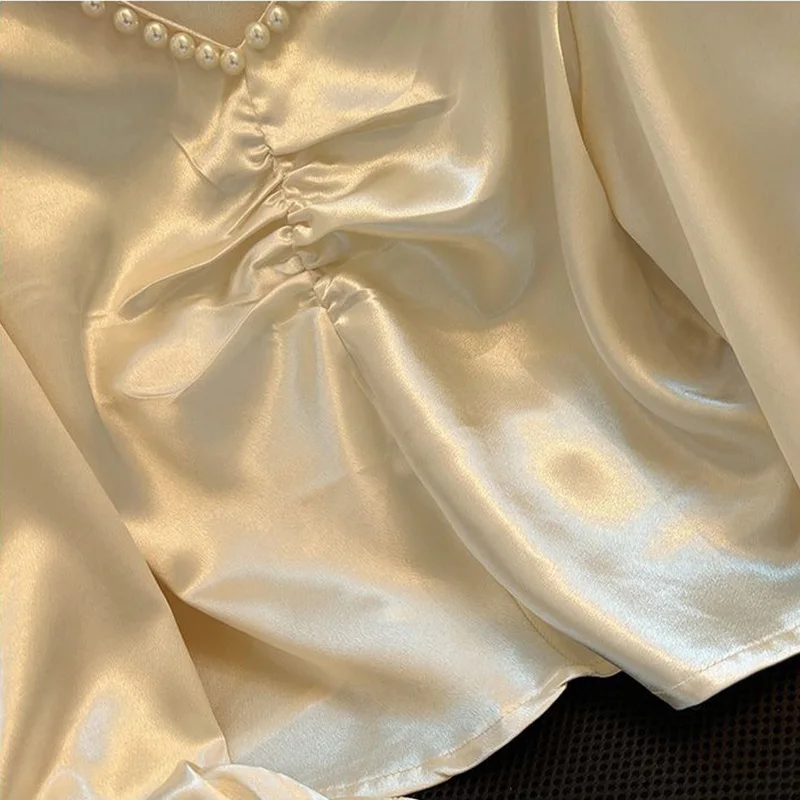Women's Clothing Fashion Pearl Solid Satin Blouse Spring Summer Elegant France High Street V-Neck Tops