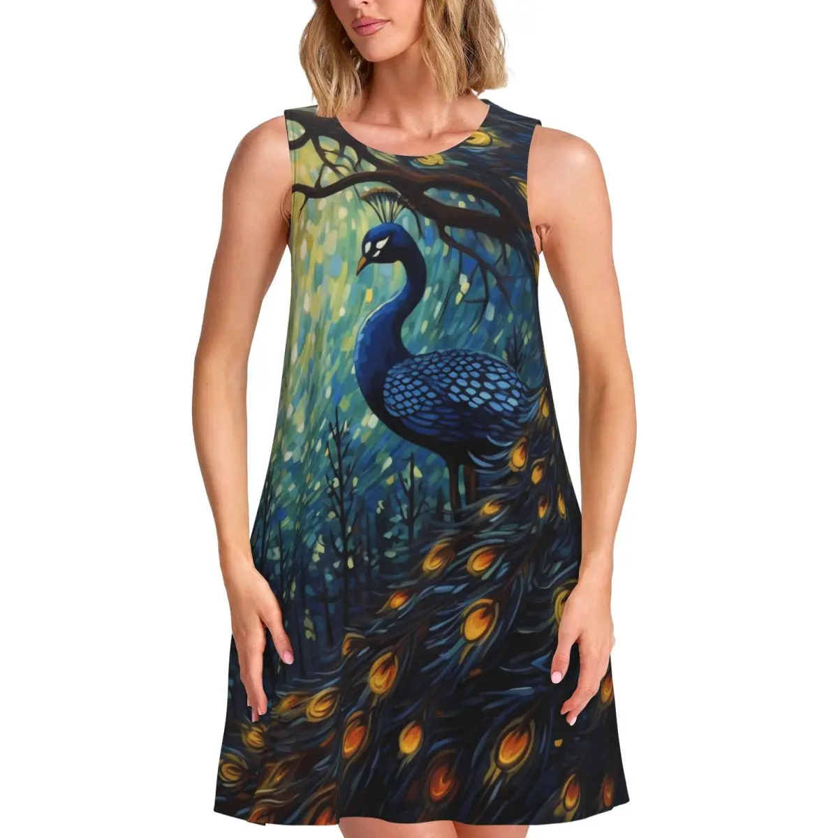 Fantasy Painting About Peacock Tank Dress Streetwear Dresses Summer Print Beach Dress New Arrival Sleeveless Vestido Big Size