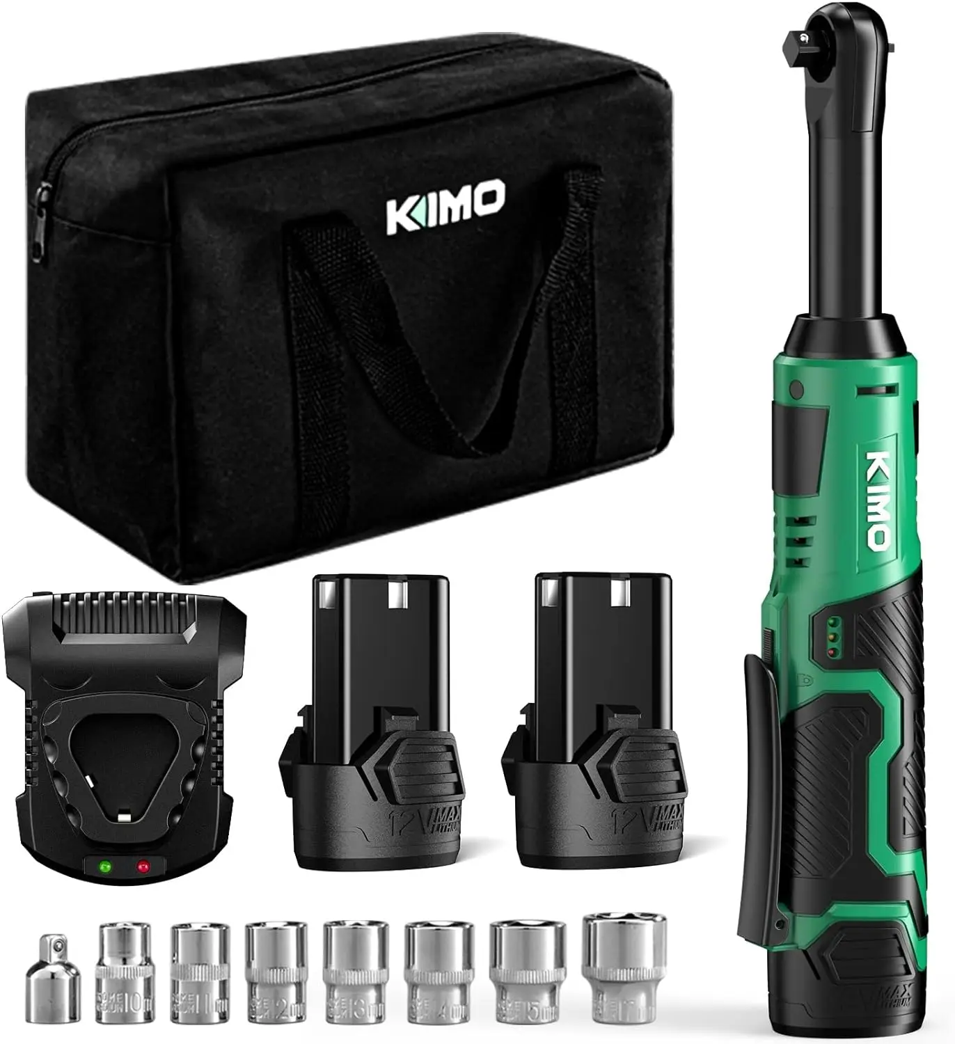 

KIMO 3/8" Extended Electric Ratchet Wrench Set, 40 Ft-Lbs 400 Rpm 12V Cordless Ratchet Wrench w/ 2-Pack 2.0 Ah Batteries