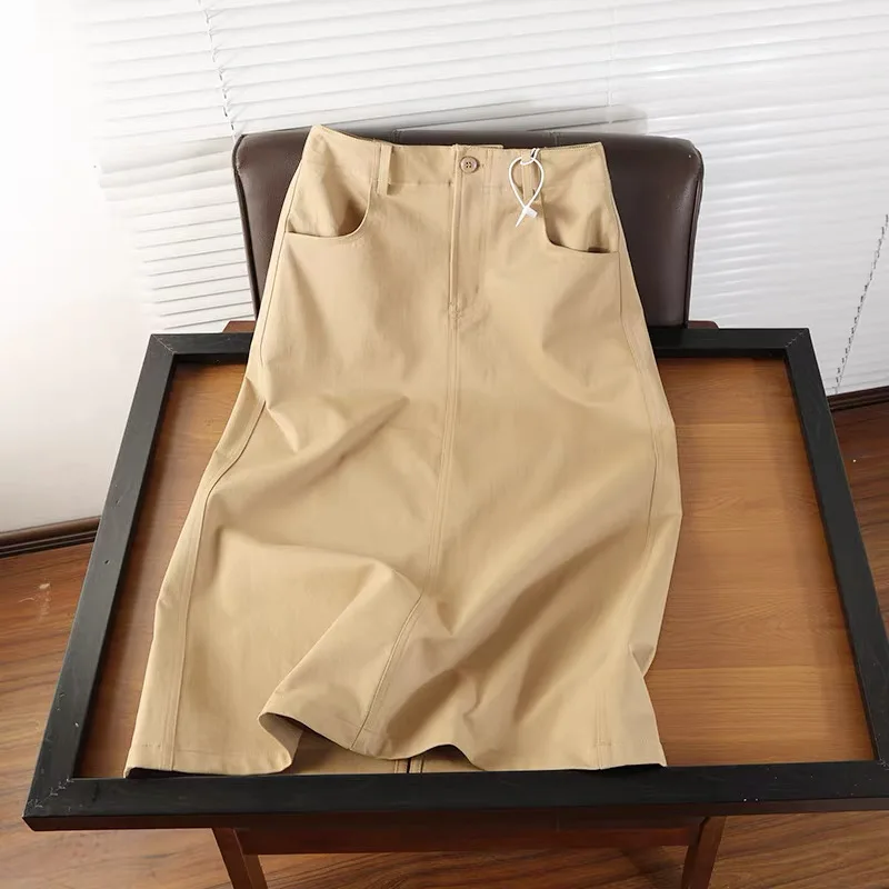 Casual H-Shape Midi Skirt Button Slit Long Skirt Meat Covering Belly Button Straight Tube Skirt Quality Control Excellent ...