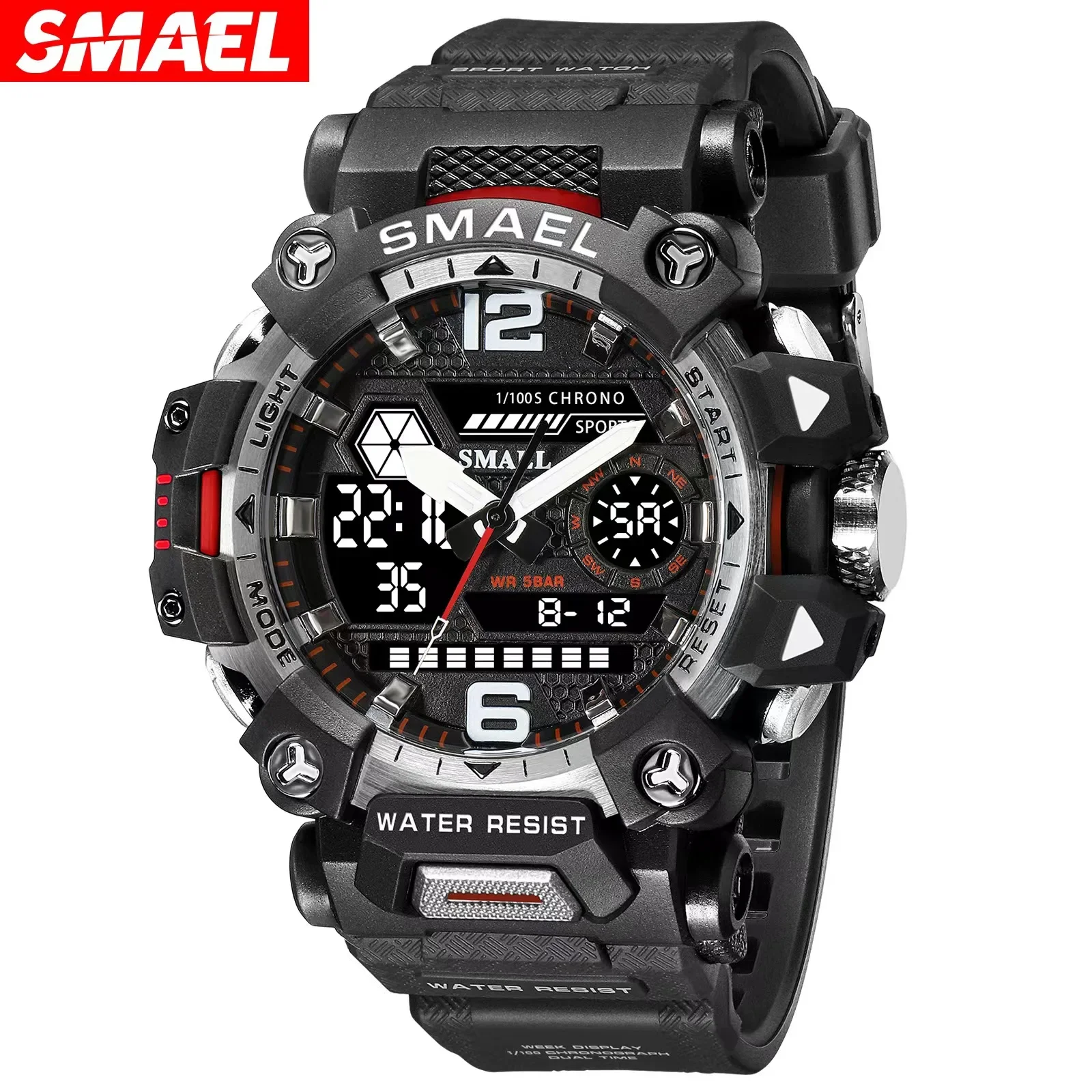 SMAEL 8072 50m Waterproof Sports Watch Military Man Sports Watch Digital Dual Display Watch Quartz Led Digital Men Watches