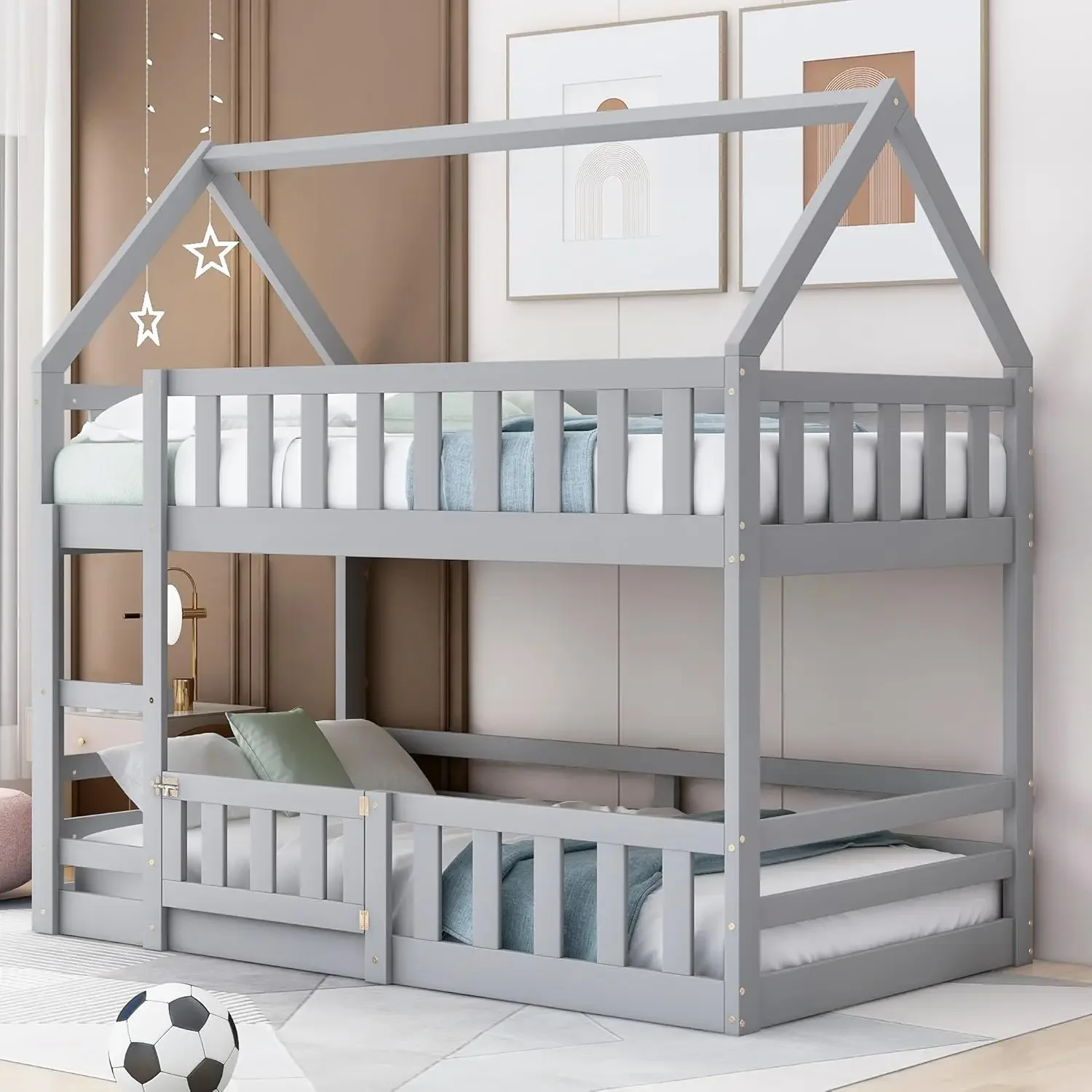 Beds House-Shaped Design Twin Over Twin Low Bunk Bed with Fence and Openable Door, Solid Wood House Bed Bunk Bed Frame