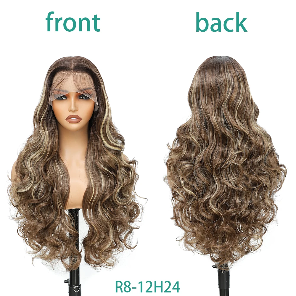Wig Depan Renda Sintetis Sorot Coklat Wig Rambut Depan Renda 13X4 Keriting Longgar Panjang 30 Inci dengan Rambut Bayi untuk Penggunaan Sehari-hari
