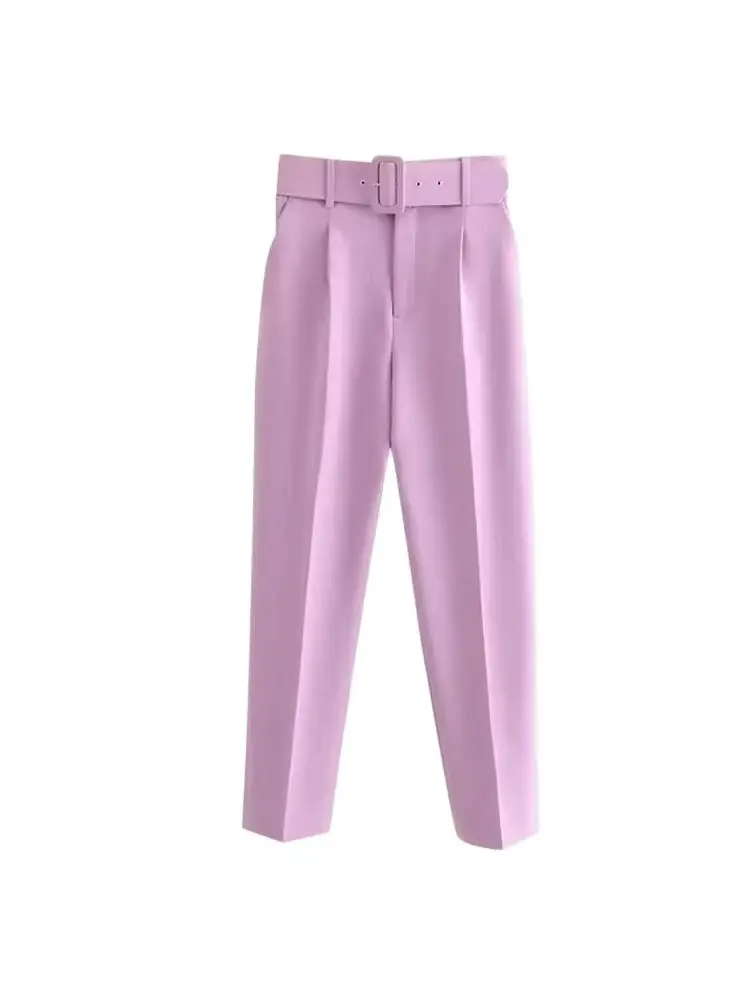 GELITAYIN TRZA-Women's High Waist Zipper Fly Ankle Trousers With Belt, Office Wear Pants, Side Pockets, Female Fashion