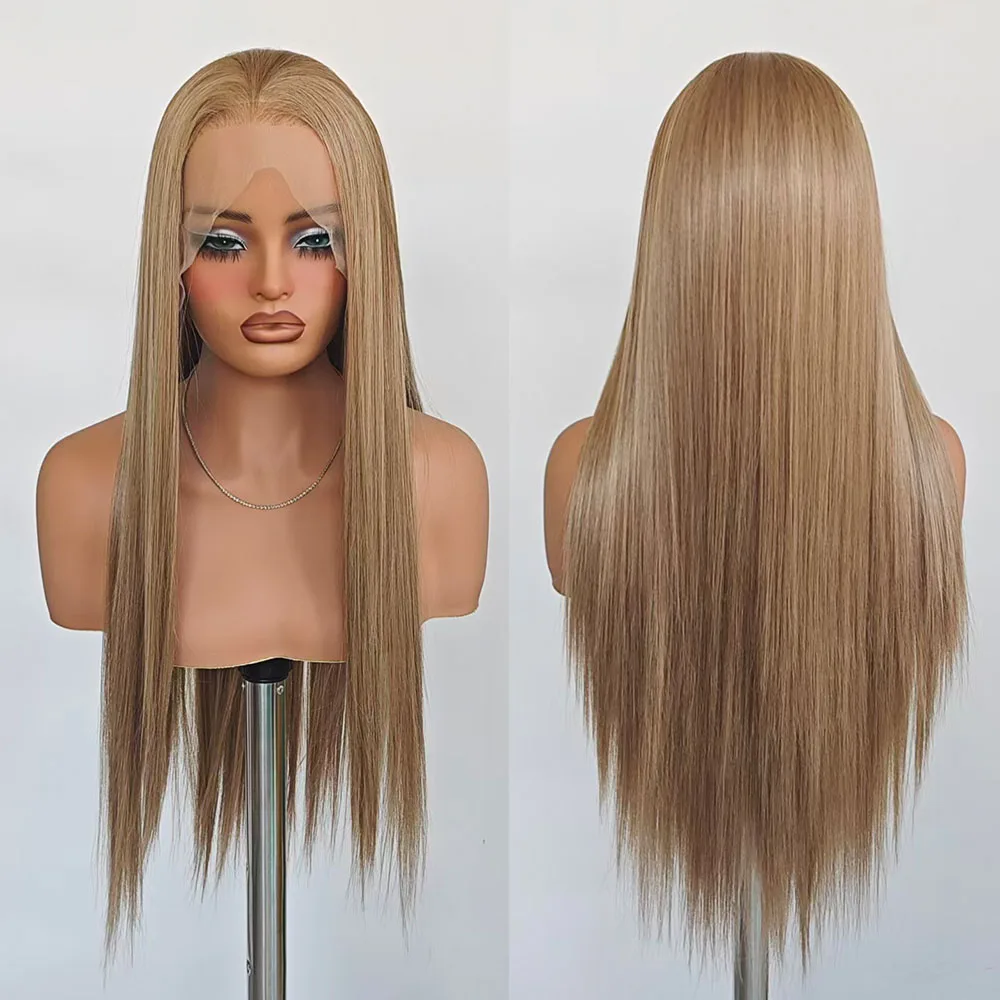 Blonde Mix Brown Hair Highlights Straight Synthetic Wig for Women Ash Blonde Light Brown Lace Front Wigs Women Daily Makeup Use