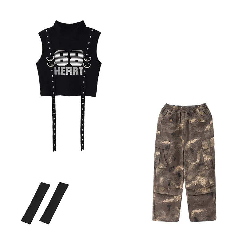 Girls Hip Hop Crop Tank Top Oversleeve Camouflage Cargo Pants Clothes Sets Kids Streetwear Children Street Dance Stage Costumes