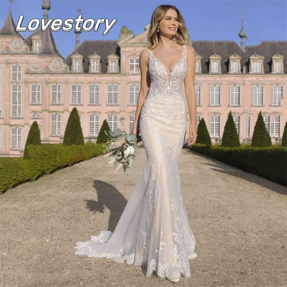 Boho Mermaid Wedding Dresses V Neck Sleeveless Sexy Backless Bridal Gowns Satin Bow Pretty Trumpet Bride Robes Robe De Mariée