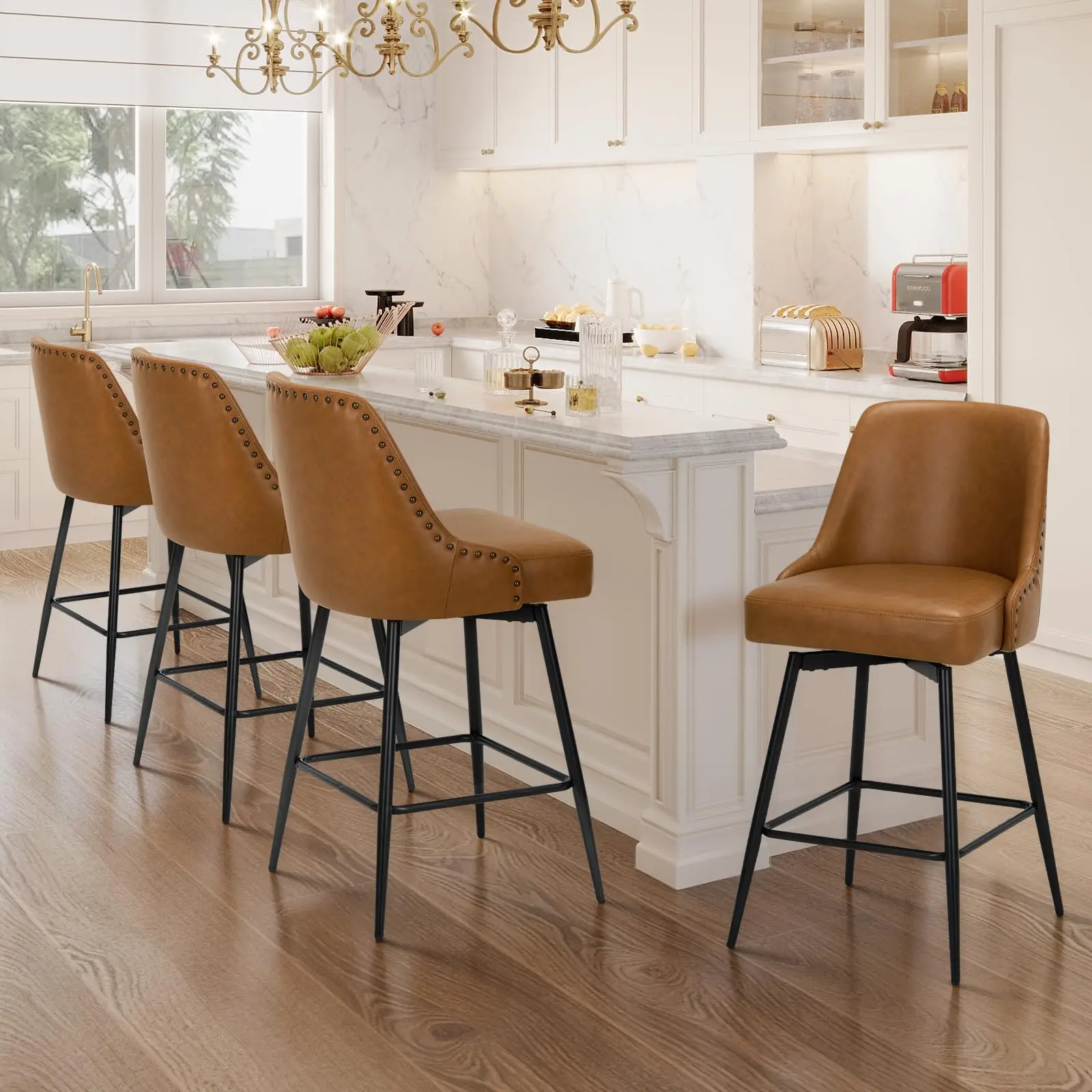 

Brown Faux Leather Swivel Bar Stools With Backrest, 26 Inch Counter Height, Padded Seat And Footrest, Set Of 2