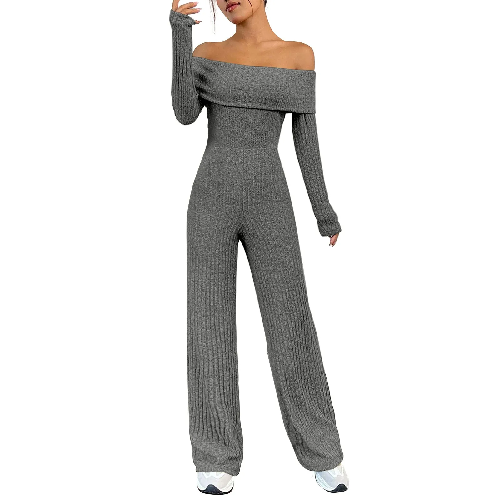 Women'S Ribbed-Knit Jumpsuit Fashion Casual Solid Folded Off-The-Shoulder Jumpsuit Slim Fit Top Loose Wide Leg Bottom Jumpsuit