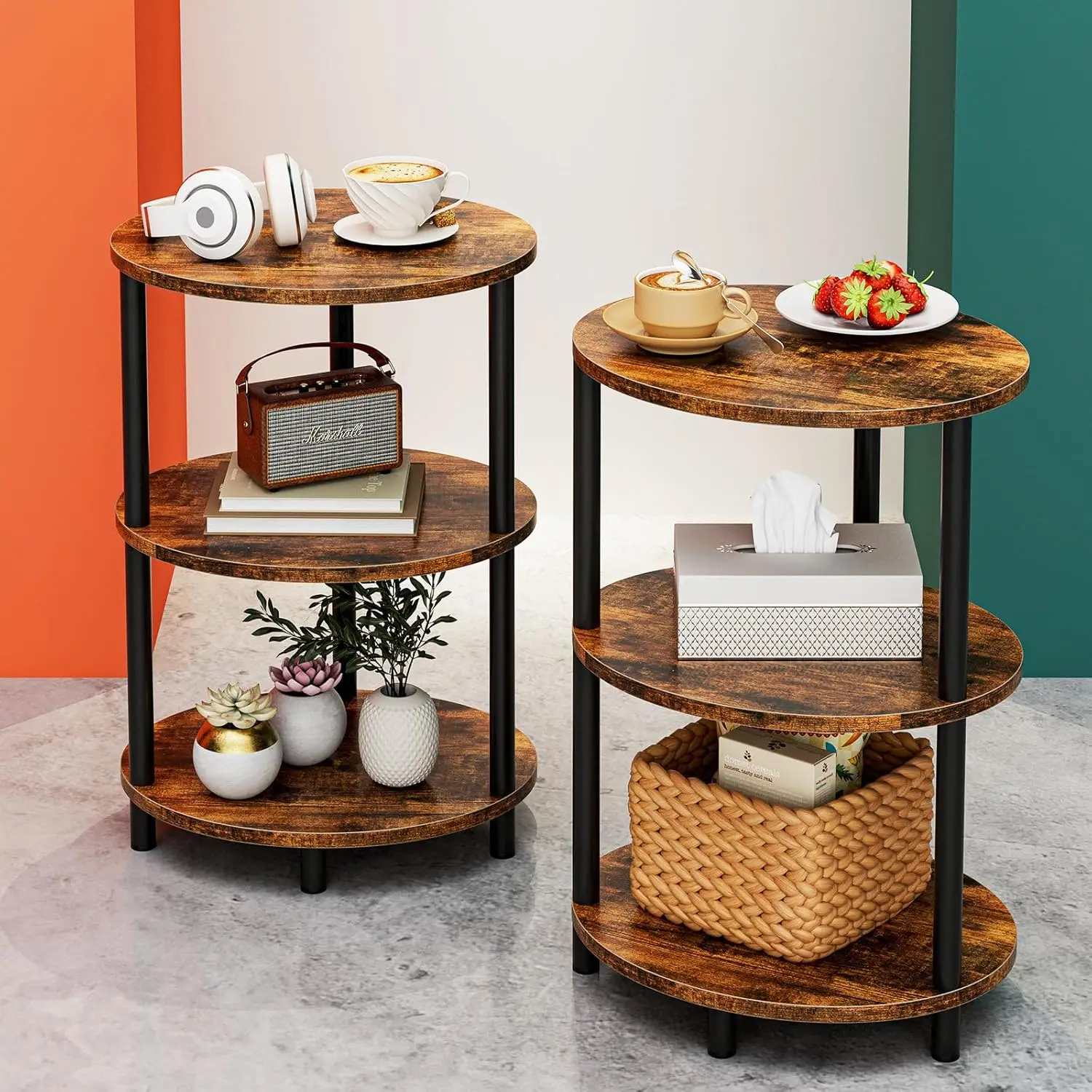 

3-х уровневый овальный приставной столик из 2 штук, торцевой столик из дерева и металла в деревенском стиле для небольших помещений, спальни или гостиной