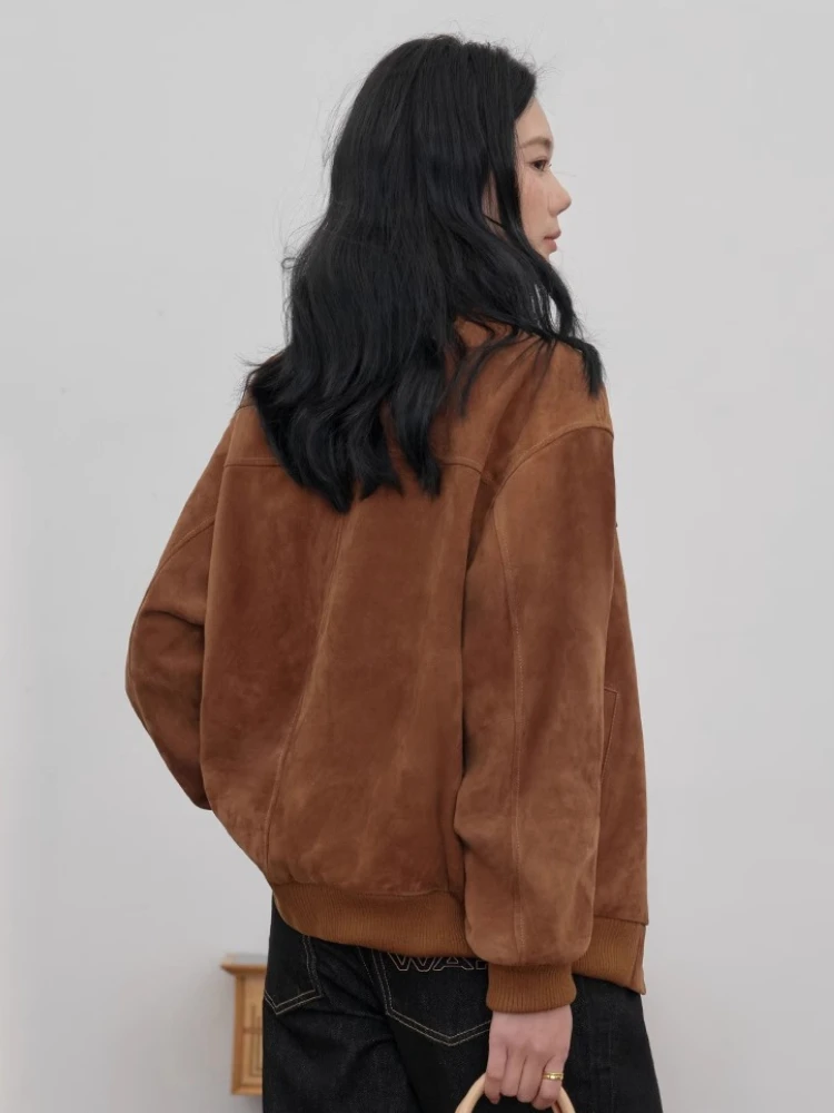 Vintage Genuine Leather Bomber Jackets for Women Spring Autumn 2025 New High-end Solid Classic Simple Real Sheepskin Suede Coat
