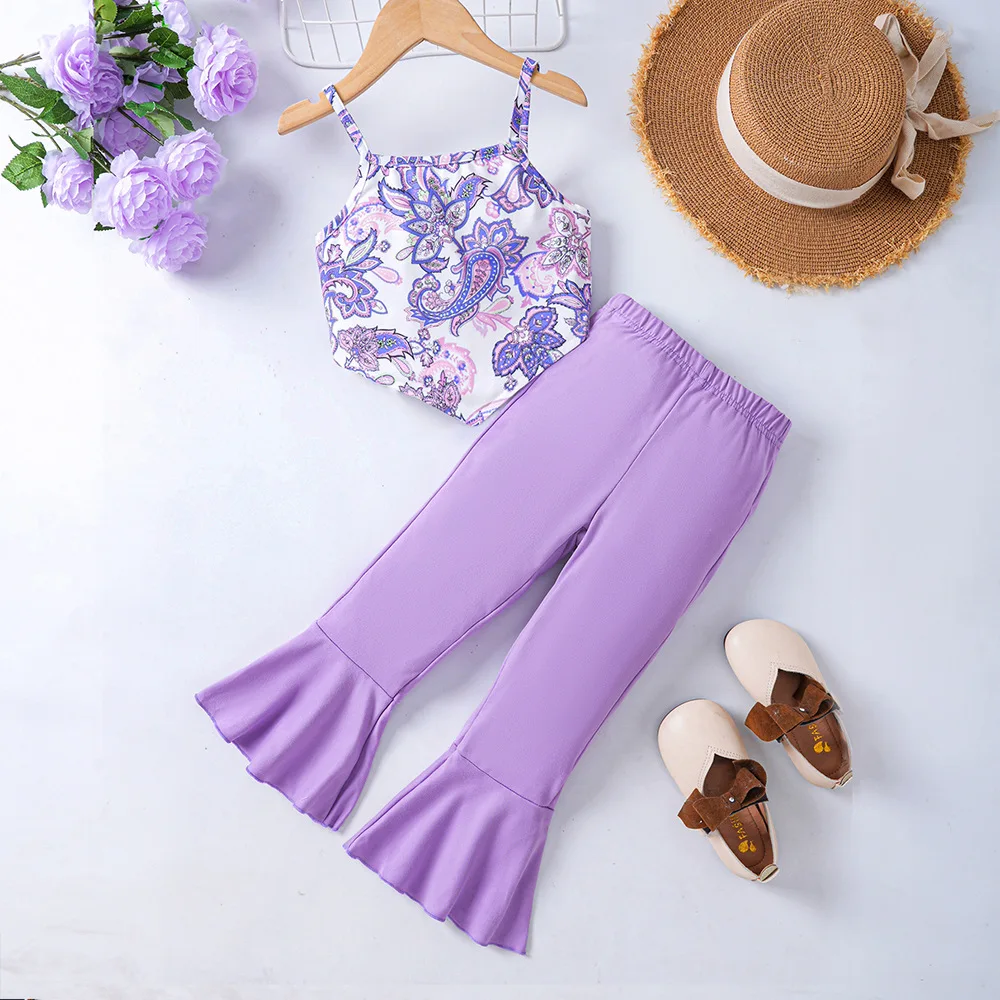 

2024 Summer Child Clothes Sets Sleeveless Print Floral Tops Purple Ruffles Pants 2 Piece Sets Girls Clothes Sets 18M-6T