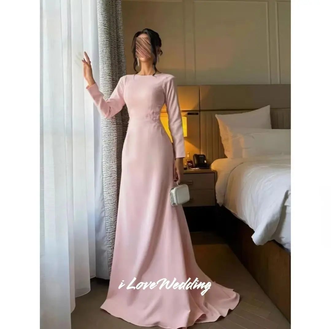 Rosa o-pescoço 3d flor vestidos de baile cetim manga longa sem costas a linha até o chão plissado moderno arábia saudita dubai personalizado