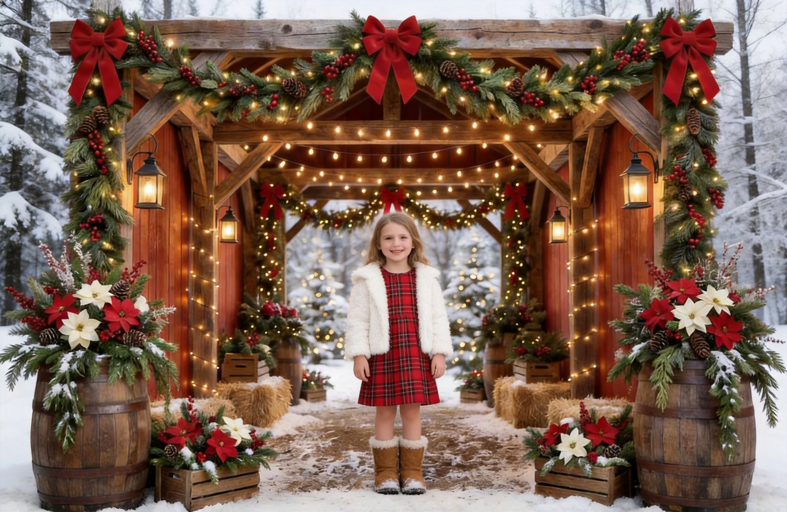 Rustic Red Barn Christmas Tree Farm Photography Backdrop For Winter Newborn Baby Kids Xmas Family Photo Background