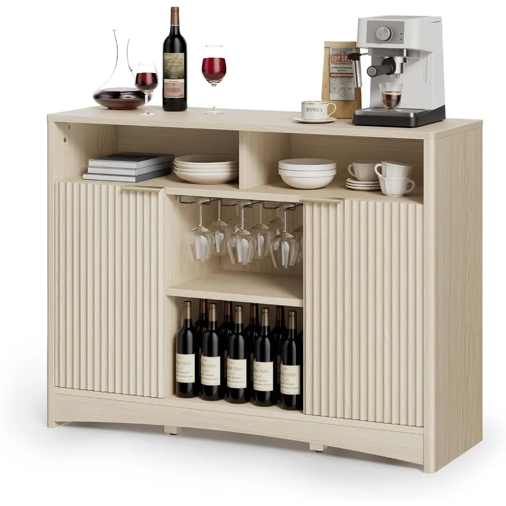 

Modern Coffee Bar Cabinet with Storage, Fluted Wood Buffet Sideboard with Wine and Glass Rack, Liquor Cabinet with Adjustable