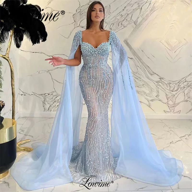 Lowime Blue Party Dresses Robe De Soirée Beaded Capped  Sleeve Formal Evening Gowns Arabic Dubai Prom Dress Long Celebrity Dress