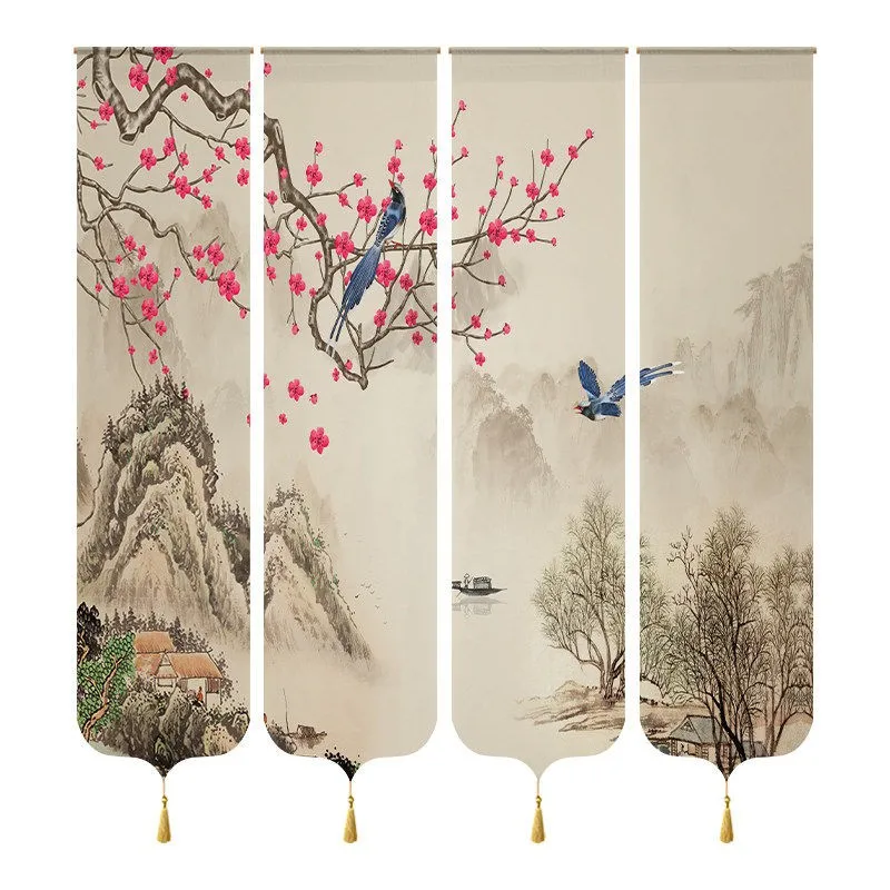 35x150cm Traditional Sheer Curtains Screen Partition Chinese Ink Painting Hanging Cloth Semi Transparent Gauze Curtain Partition