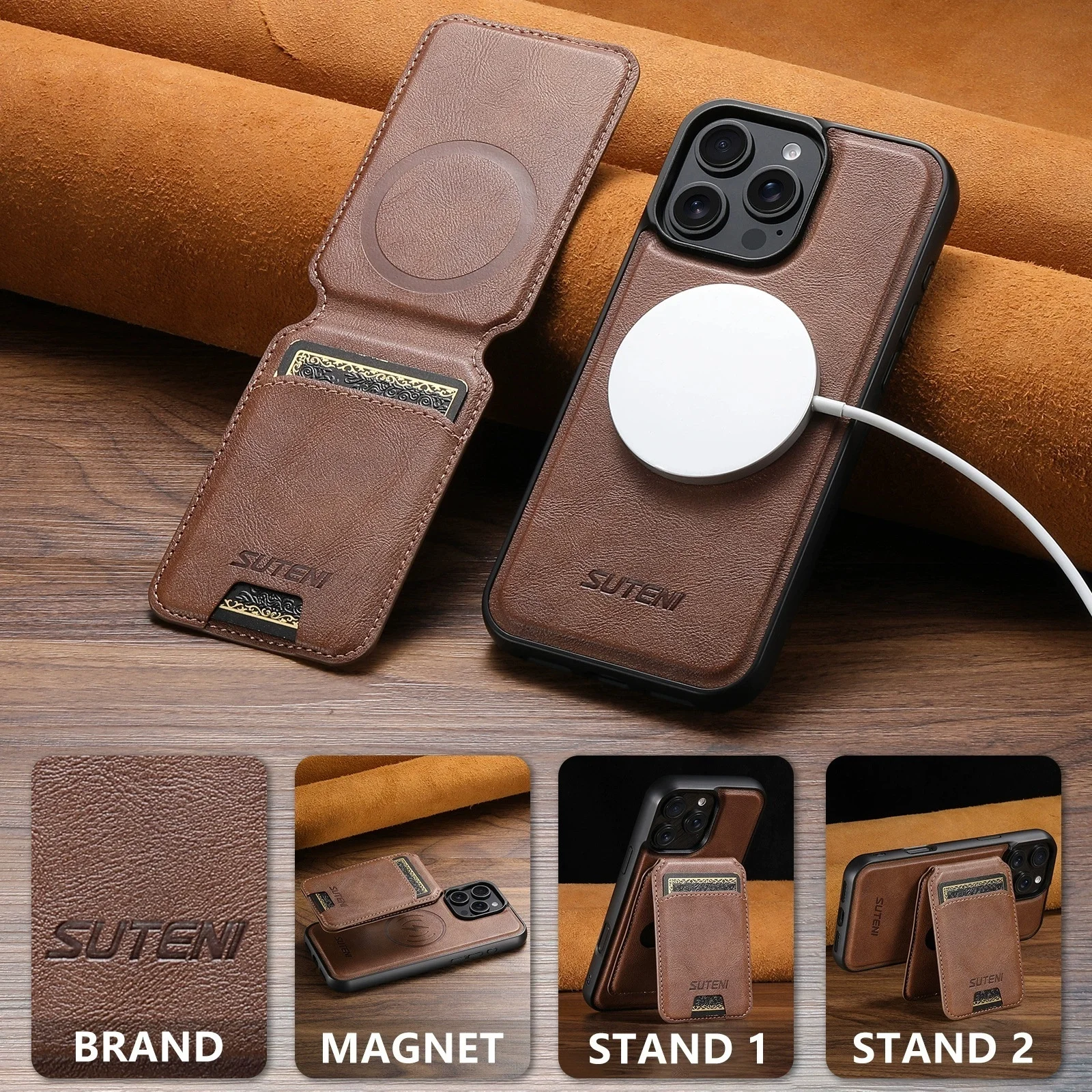 Card Holder Leather Magnetic Wireless Charging Pocket Cover Wallet Phone Case For iPhone 12 13 14 15 16 17 18 Pro Max Plus Case