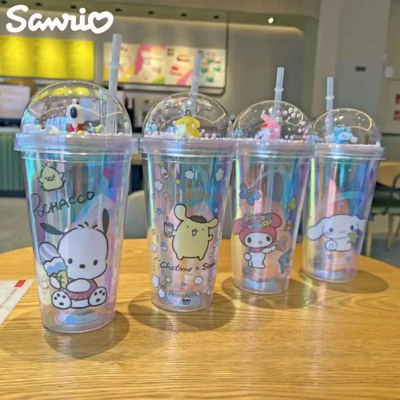 New Anime Sanrio Hello Kitty Cinnamoroll Melod Kuromi Water Cup Double-Layer Plastic Cup Portable Sport Mug Straw Water Cup Gift