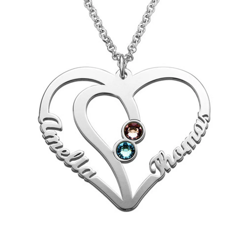 

Customized Name and Birthstone Necklace for Couples Stainless Steel Jewelry Hollow heart 2 Names Necklaces Couple Sister Gift