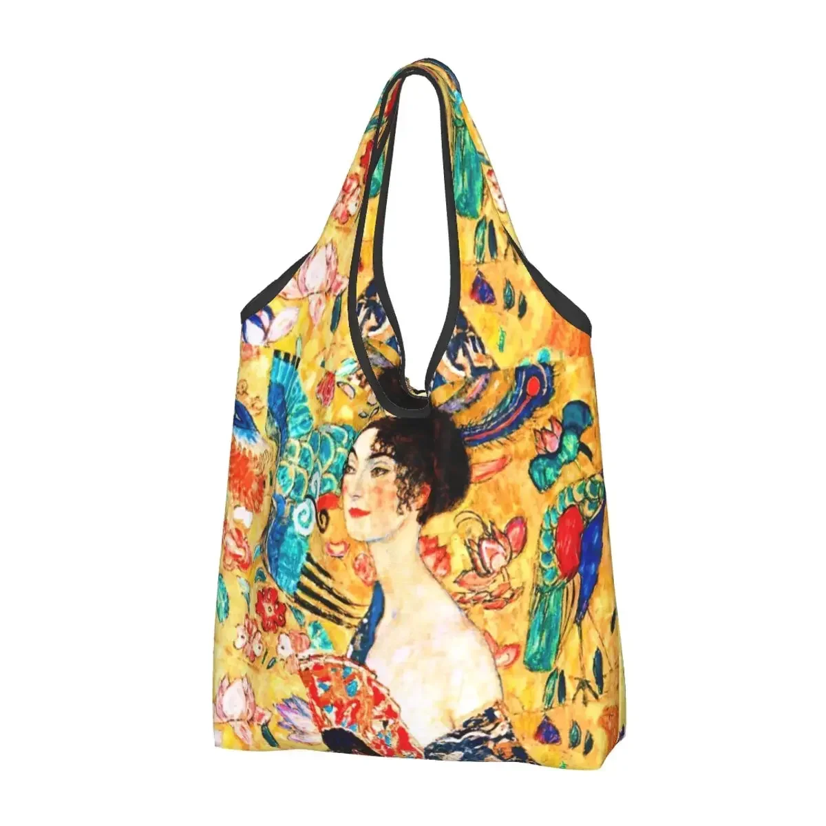 Gustav Klimt-Sacos de compras reutilizáveis com ventilador para senhora, sacolas ecológicas e leves, dobráveis ecológicas, capacidade de peso, 50lb